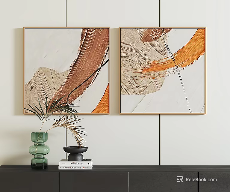 Abstract Framed Wall Art With Brown Orange Tones Green Vase And Palm Leaf Decorative Elements 3d model