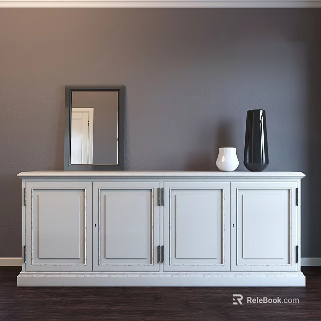 White Entryway Console Table With Mirror And Decorative Vases On Gray Wall 3d model