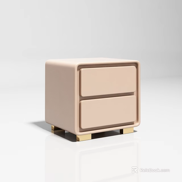 Modern Beige Upholstered Bedside Table With Two Drawers And Gold Legs 3d model 