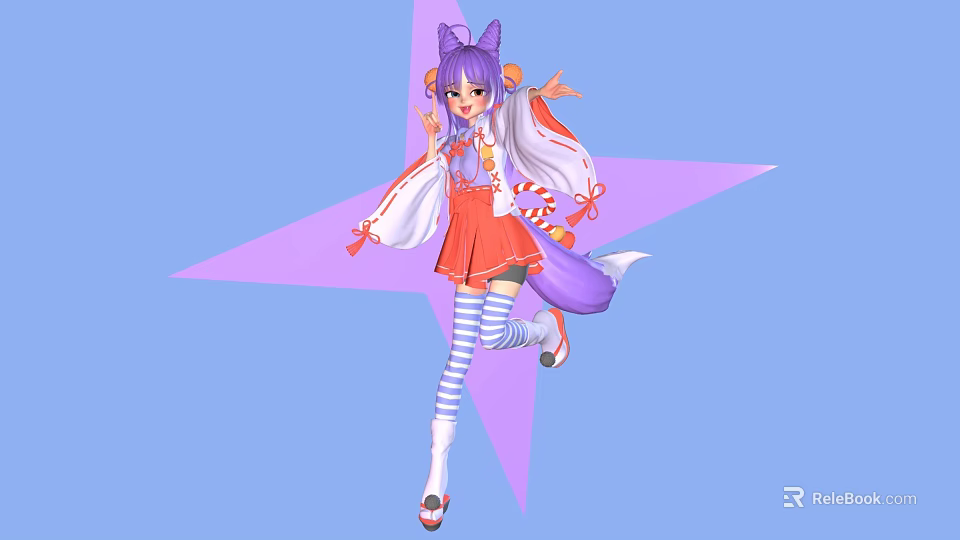 Woman With Purple Hair And Fox Ears In Red Skirt On Blue Background With Purple Star 3d model 