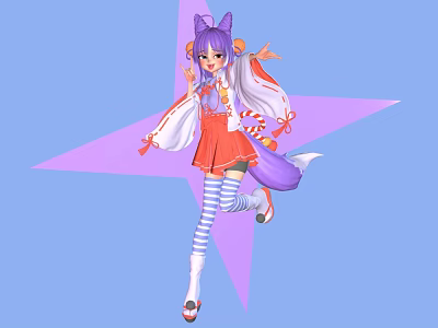 Woman With Purple Hair And Fox Ears In Red Skirt On Blue Background With Purple Star 3d model