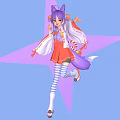 Woman With Purple Hair And Fox Ears In Red Skirt On Blue Background With Purple Star