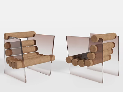 Modern Single Sofa With Wooden Rolled Arms And Clear Acrylic Frame 3d model
