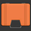 Square Shaped Shiny Orange Striped Suitcase With Black Handle On Reflective Surface 3d model