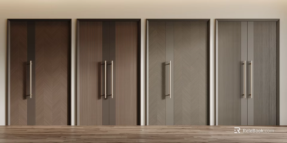 Double Doors With Various Wooden Textures And Metal Handles For Modern Interior 3d model 