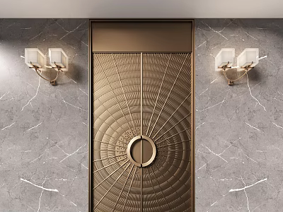 Luxurious Golden Double Door With Radial Pattern Circular Accent On Marble Wall With Wall Lamps 3d model