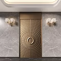 Luxurious Golden Double Door With Radial Pattern Circular Accent On Marble Wall With Wall Lamps