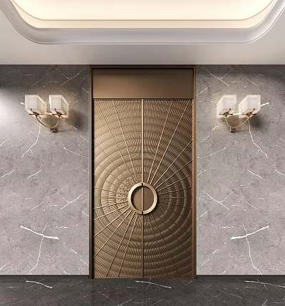 Luxurious Golden Double Door With Radial Pattern Circular Accent On Marble Wall With Wall Lamps 3d model