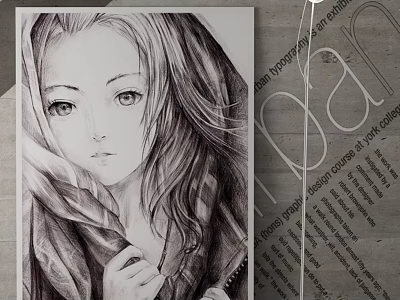 Pencil Portrait Drawing of Young Woman with Long Wavy Hair and Soft Expression 3d model