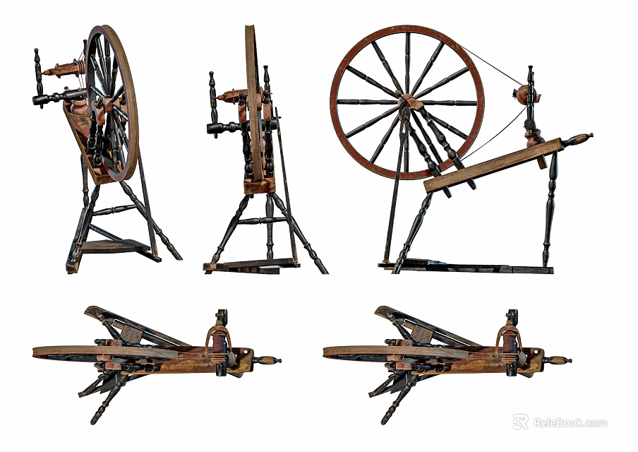 Vintage Traditional Spinning Wheels And Antique Wooden Textile Tools Collection 3d model 