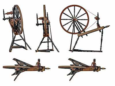 Vintage Traditional Spinning Wheels And Antique Wooden Textile Tools Collection 3d model