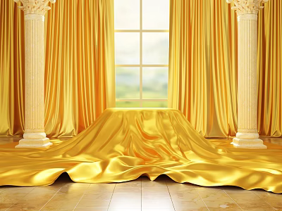 Elegant Commercial Decor Equipment With Golden Curtains Pillars And Window Setup 3d model