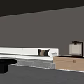 White Sectional Sofa with Black Cushions Wooden Cabinet Lamp Gray Wall LED Strip Gray Floor