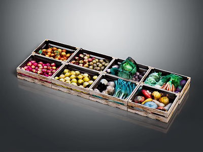 Colorful Fresh Assorted Vegetables Arranged in Wooden Multi Compartment Tray 3d model