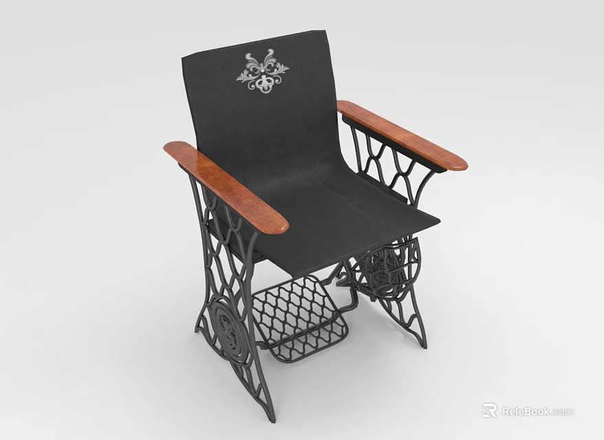 Black Seat Backrest Leisure Chair with Wooden Armrests Metal Frame and White Decorative Emblem 3d model 