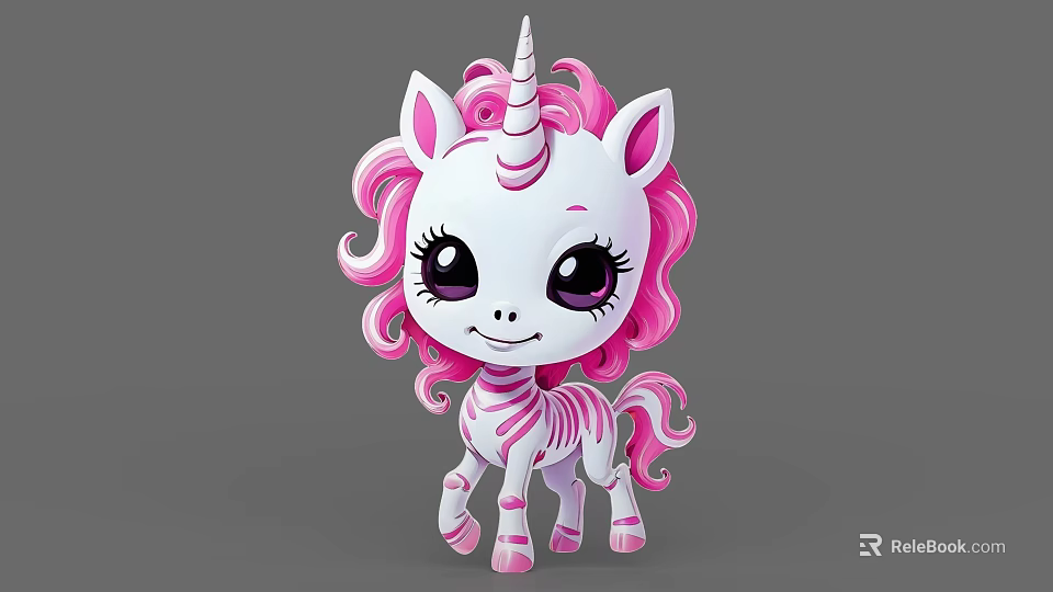 Cute Unicorn Game Character With Pink Mane Tail Big Eyes And White Striped Body 3d model 