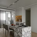 Modern Restaurant Interior With Marble Island Dining Table Chairs And Colorful Painting
