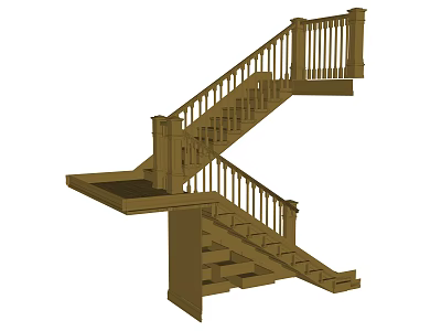 Wooden Double Flight Staircase With Handrail And Central Landing Design 3d model