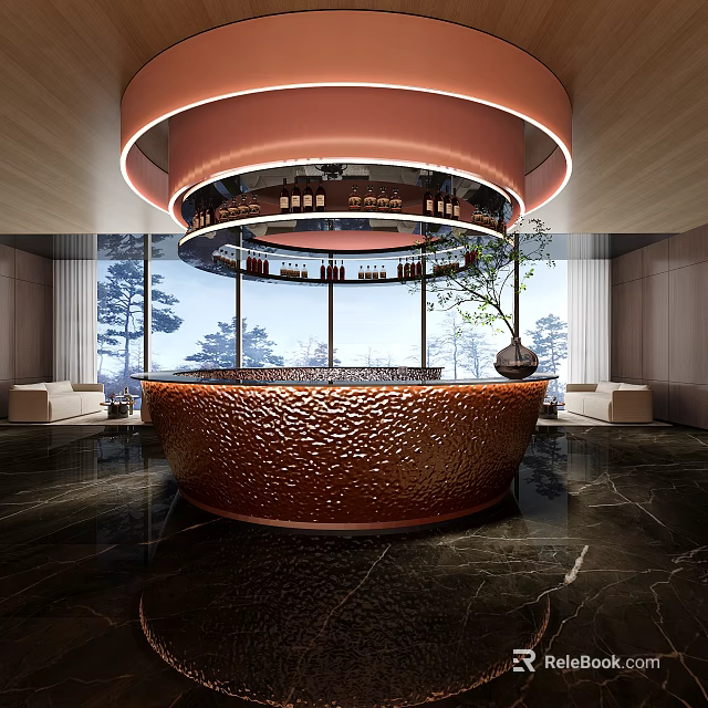 Hotel Public Lounge Area Featuring Circular Textured Brown Bar Counter Overhead Lighting And Large Windows 3d model 