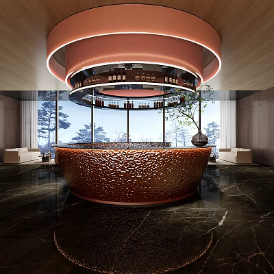 Hotel Public Lounge Area Featuring Circular Textured Brown Bar Counter Overhead Lighting And Large Windows 3d model