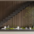 Modern Staircase Design With Wooden Wall Paneling Green Plants And Decorative Stones
