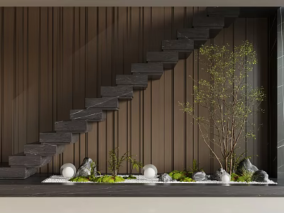 Modern Staircase Design With Wooden Wall Paneling Green Plants And Decorative Stones 3d model