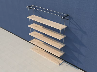Wall Mounted Display Shelf With Wooden Shelves And Metal Brackets On Blue Wall 3d model
