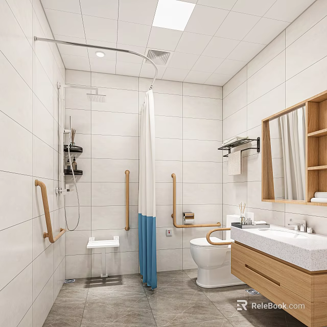Functional Bathroom Interior Featuring Shower Curtain Grab Bars Vanity and Toilet 3d model 