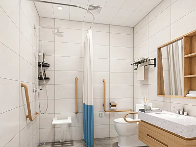 Functional Bathroom Interior Featuring Shower Curtain Grab Bars Vanity and Toilet 3d model