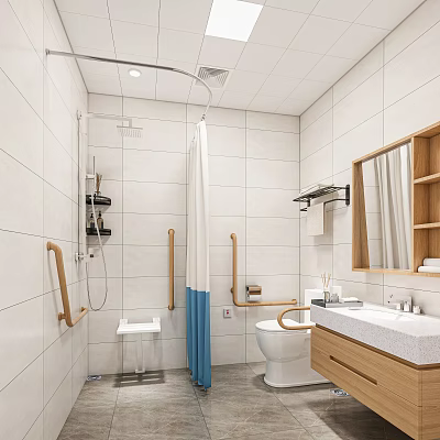Functional Bathroom Interior Featuring Shower Curtain Grab Bars Vanity and Toilet 3d model