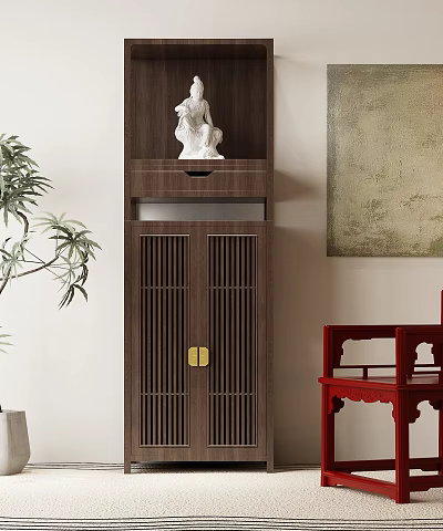 Wooden Buddhist Shrine Cabinet With Lattice Doors Golden Handles Top White Statue And Red Chair 3d model