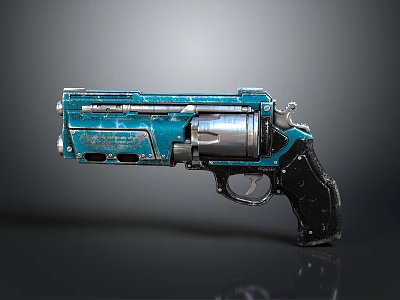 Teal Metallic Pistol With Weathered Finish Featuring Silver Cylinder Black Grip And Structured Design Elements 3d model