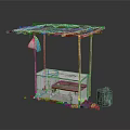 Simple Street Vendor Stall With White Concrete Base Wooden Plank Roof And Blue Bag