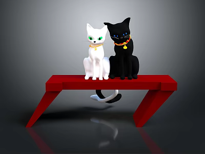 Game Movie Character White Black Cats On Red Bench With Green Blue Eyes And Gold Collars 3d model