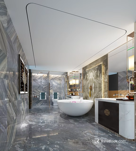Elegant Luxury Modern Bathroom Features Full Natural Marble Surfaces And Spacious Freestanding Soaking Bathtub 3d model 