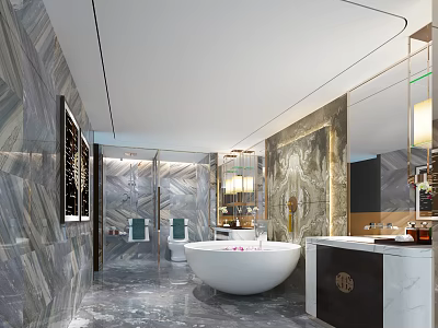 Elegant Luxury Modern Bathroom Features Full Natural Marble Surfaces And Spacious Freestanding Soaking Bathtub 3d model