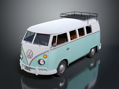 Vintage Volkswagen Bus with Light Blue and White Exterior and Roof Rack Design 3d model
