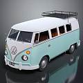 Vintage Volkswagen Bus with Light Blue and White Exterior and Roof Rack Design