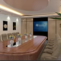 Modern Conference Room With Wooden Table Leather Chairs Vases And Large Screen