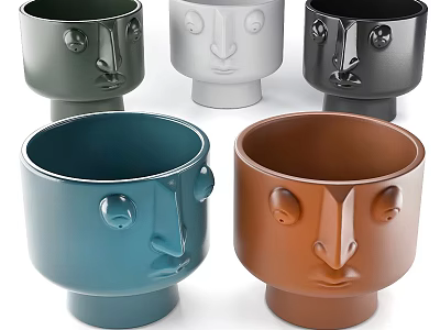 Colorful Face Shaped Mugs Featuring Decorative Facial Features Design 3d model