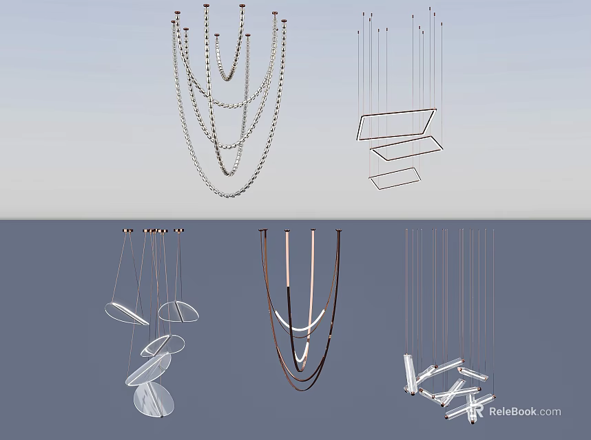Modern Interior Chandelier Designs Featuring Various Geometric And Chain Styles 3d model 