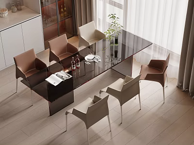 Modern Dining Table Set With Glass Top And Brown Beige Chairs 3d model