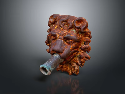 Rusted Lion Head Metal Artifact With Decorative Mane And Tube Spout 3d model
