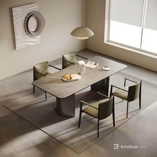 Modern Gray Dining Table and Green Chairs With Pendant Light On Woven Rug By Window 3d model 