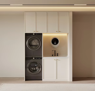 Modern White Bathroom Cabinetry With Washer Dryer Sink And Storage Cabinets 3d model