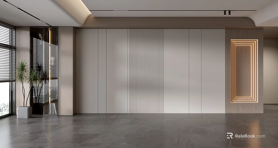 Modern Sofa Background Wall Design With Vertical Stripes Stone Panel And Wooden Accent 3d model