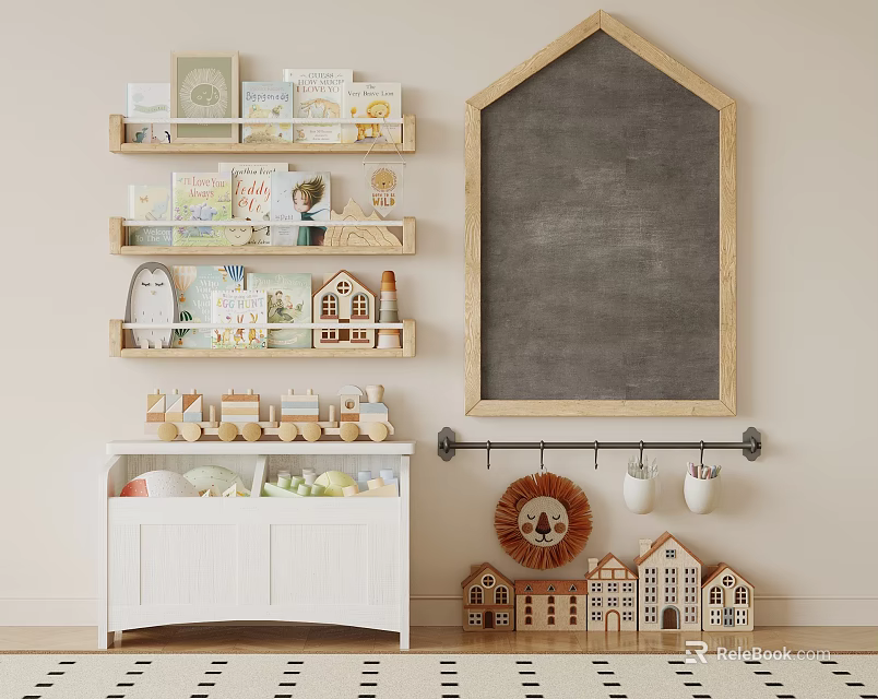 Wooden Shelving Unit In Kids Room With Books Toys And Mini House Decorations 3d model 