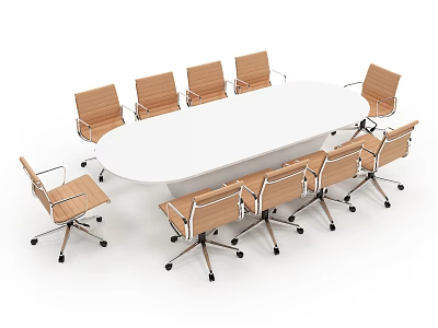 Modern White Oval Conference Table With Wooden Rolling Chairs In Office Meeting Room 3d model
