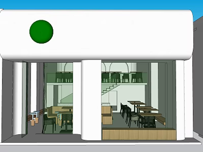 Modern Restaurant Exterior With White Facade Green Circular Sign And Open Front Interior Tables 3d model