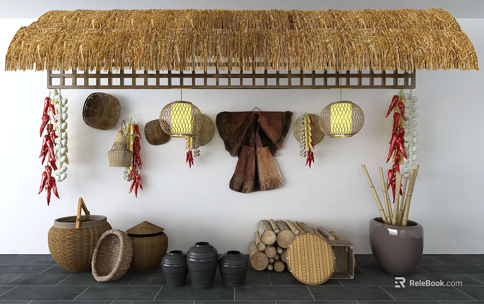 Garden Decor With Thatch Roof Hanging Lanterns Straw Hats Dried Chili Strings And Earthen Pots 3d model 